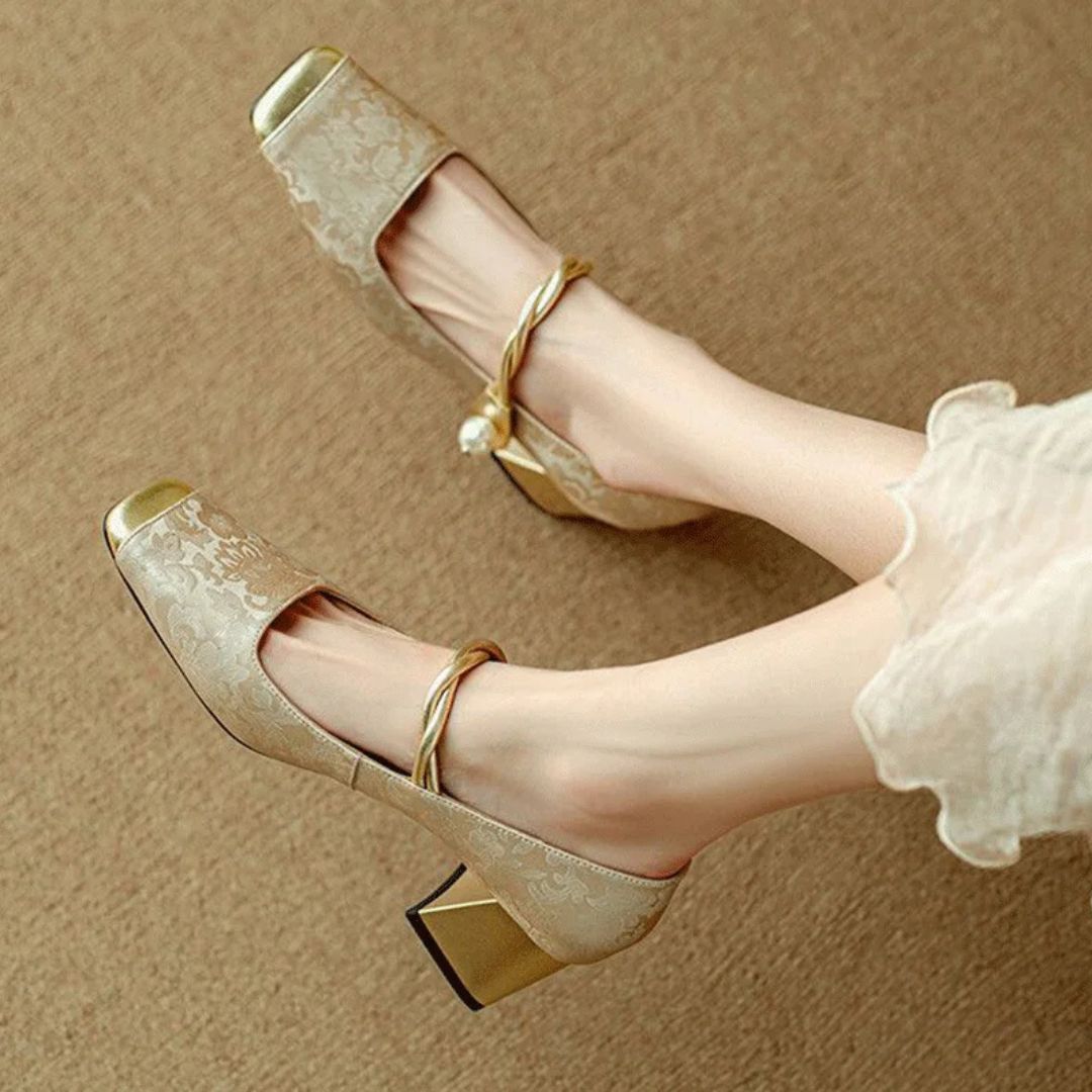 Women's Floral Jacquard Pearl Strap Heels Cushioned