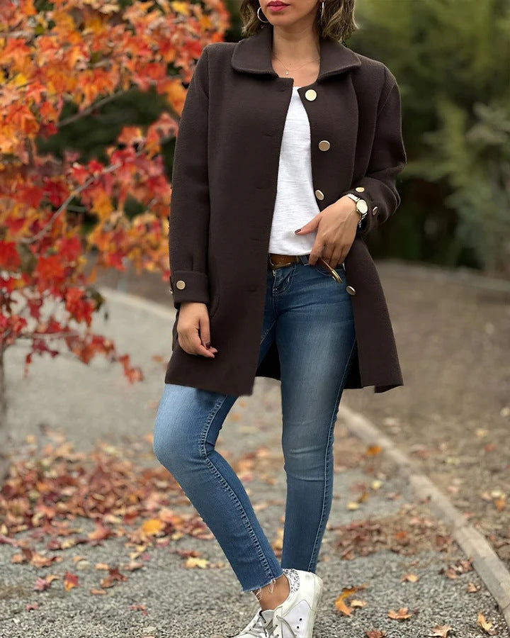 Women's Oversized Long Coat Pockets Button-Front