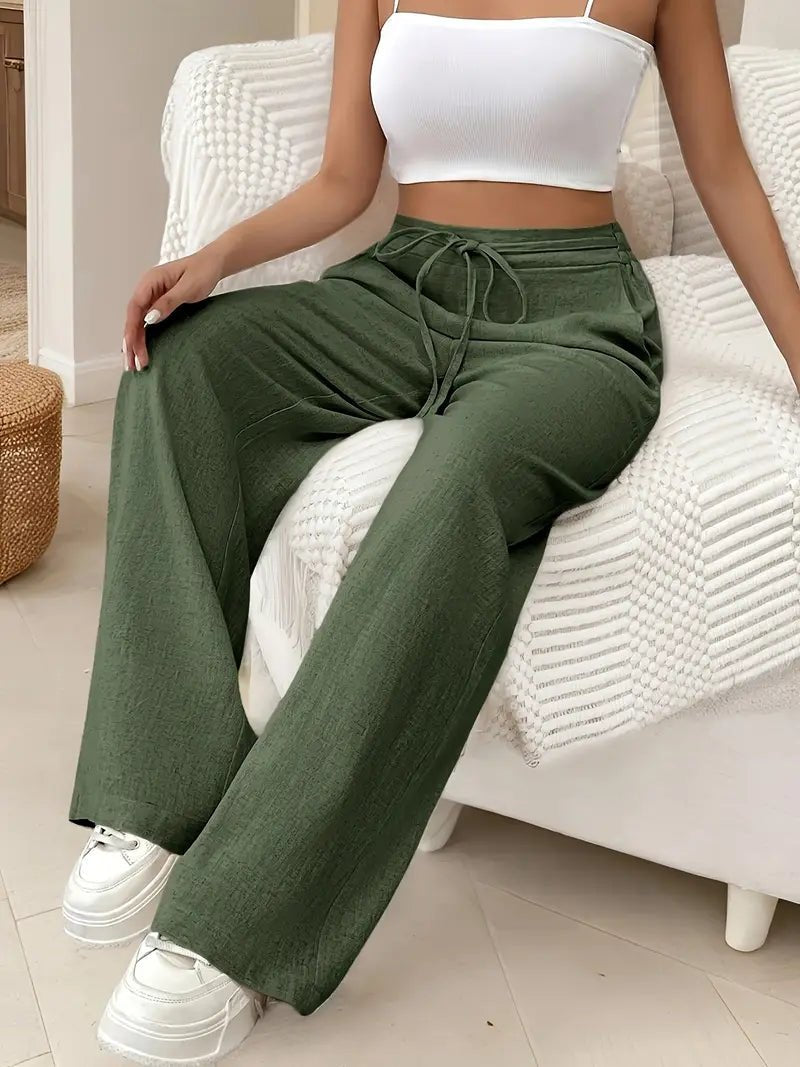 Women's Linen Drawstring Wide-Leg Trousers