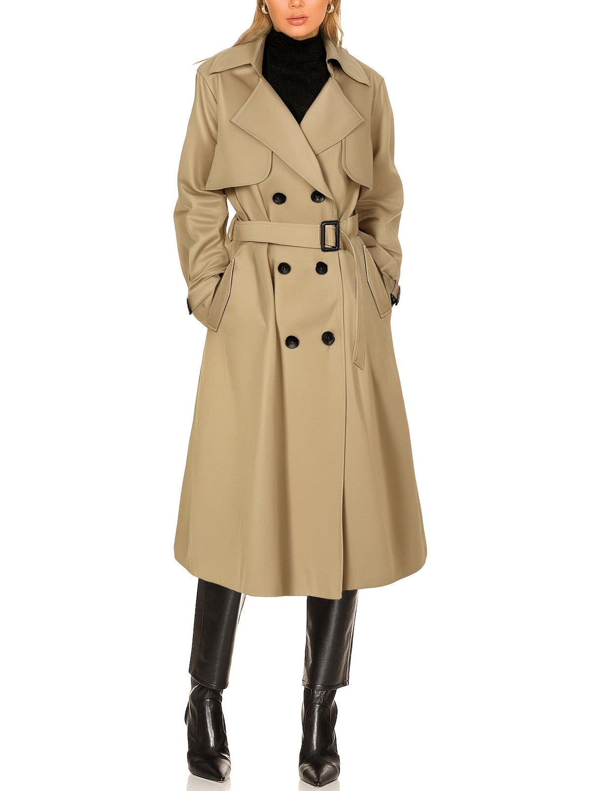 Women's Double-Breasted Belted Long Trench Coat