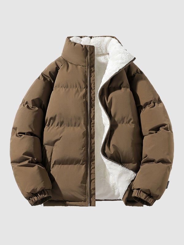 Men's Fleece-Lined Winter Puffer Jacket Stand Collar Relaxed-Fit