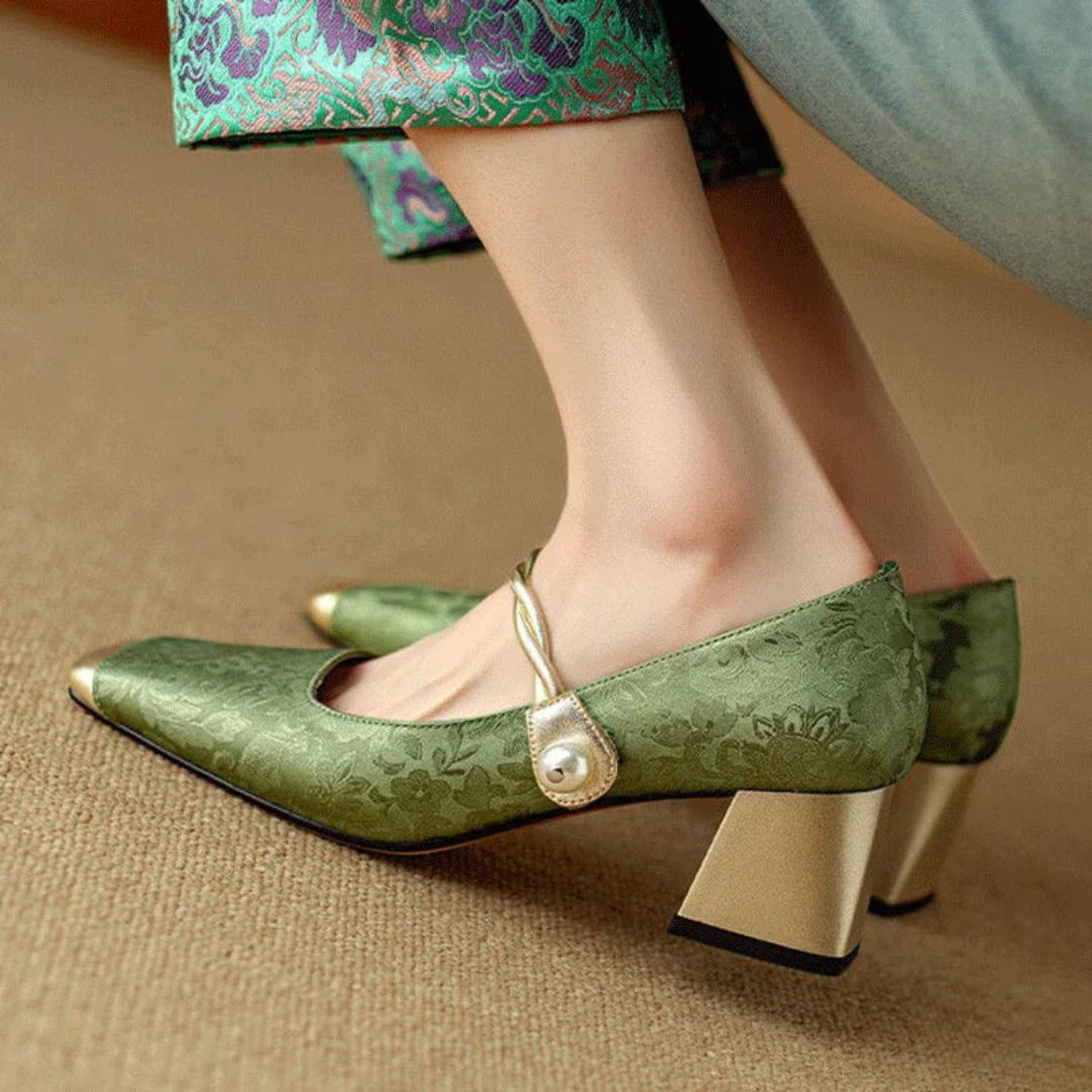 Women's Floral Jacquard Pearl Strap Heels Cushioned