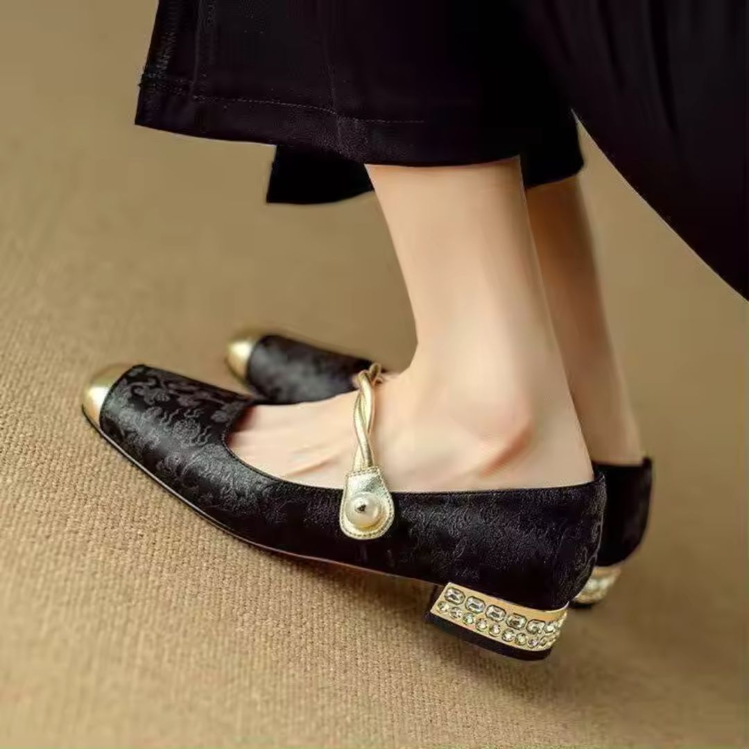 Women's Floral Jacquard Pearl Strap Heels Cushioned