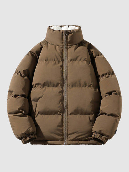 Men's Fleece-Lined Winter Puffer Jacket Stand Collar Relaxed-Fit