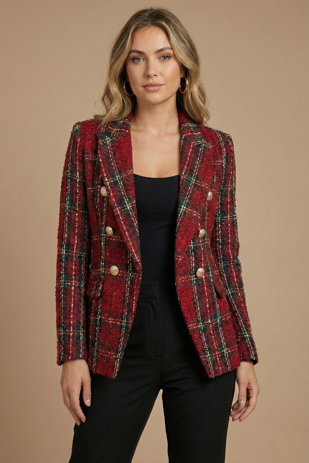 Women's Tweed Check Double-Breasted Work Blazer Button-Front