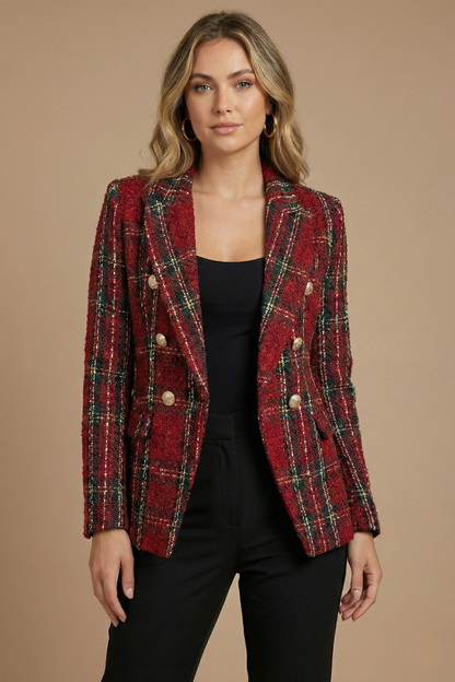 Women's Tweed Check Double-Breasted Work Blazer Button-Front