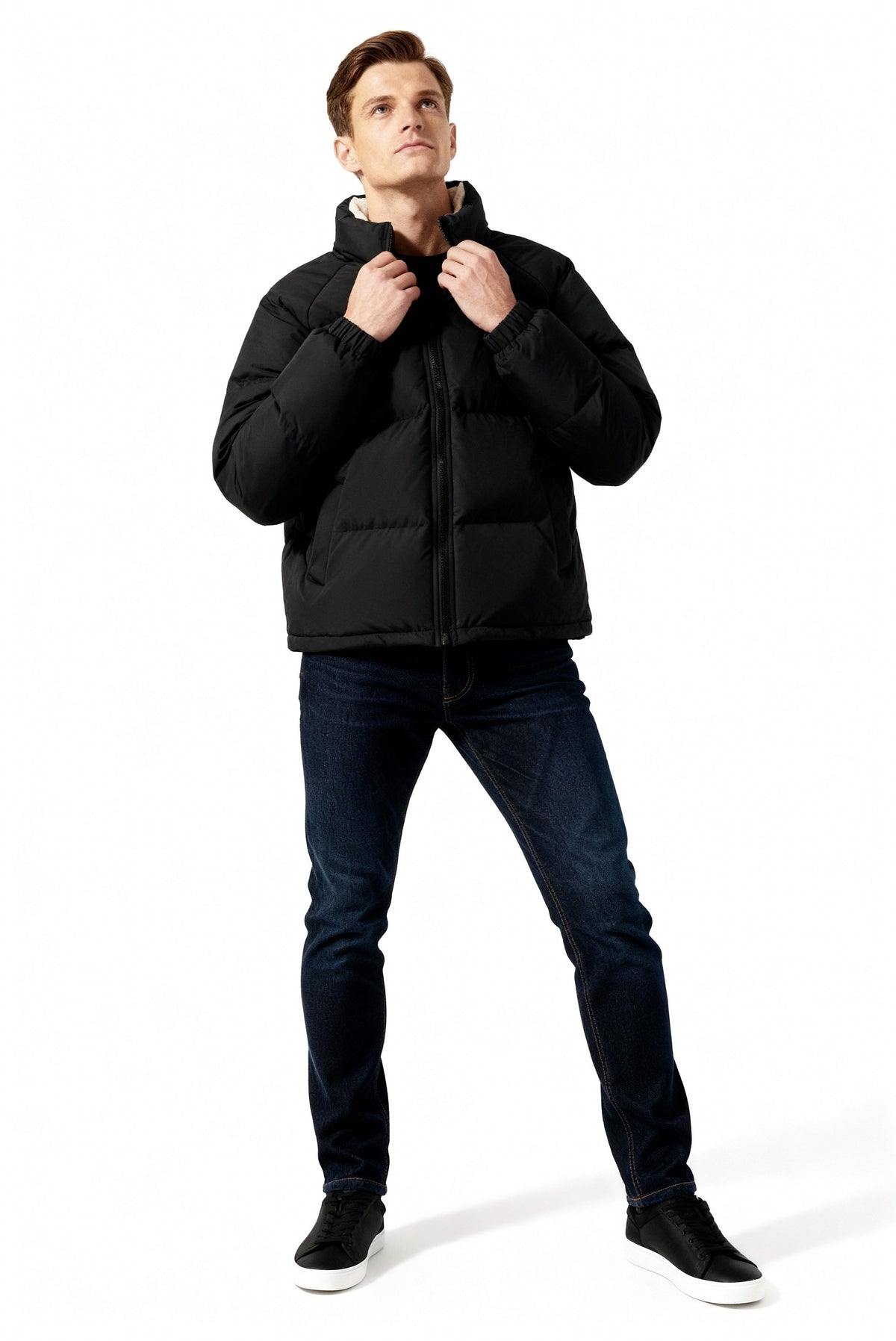 Men's Fleece-Lined Winter Puffer Jacket Stand Collar Relaxed-Fit