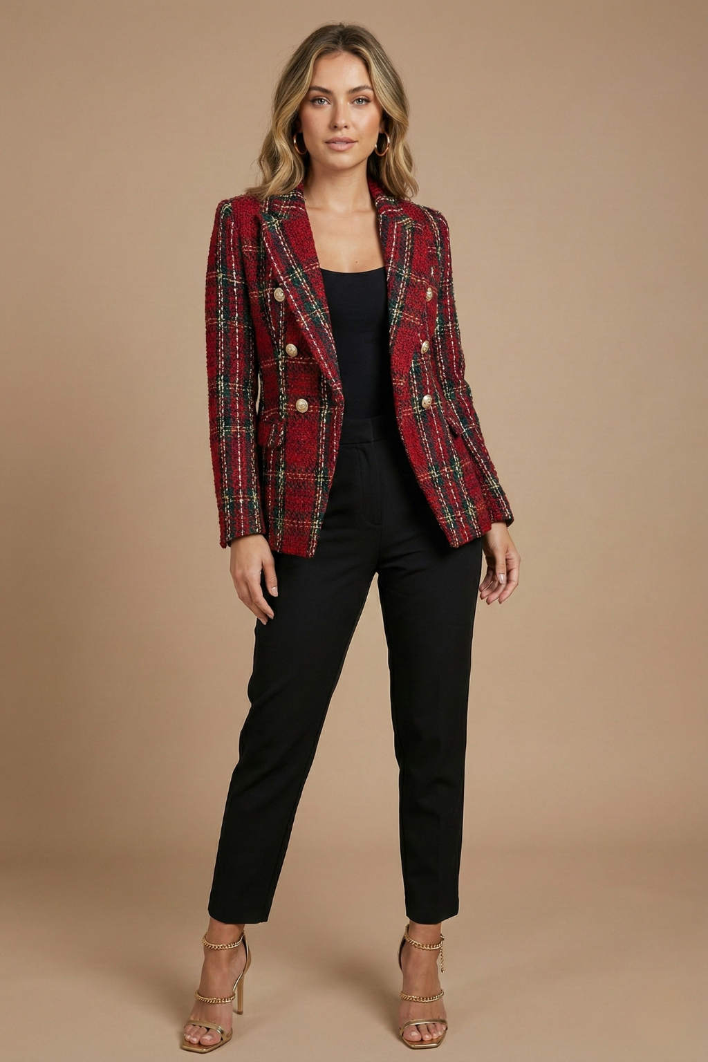 Women's Tweed Check Double-Breasted Work Blazer Button-Front