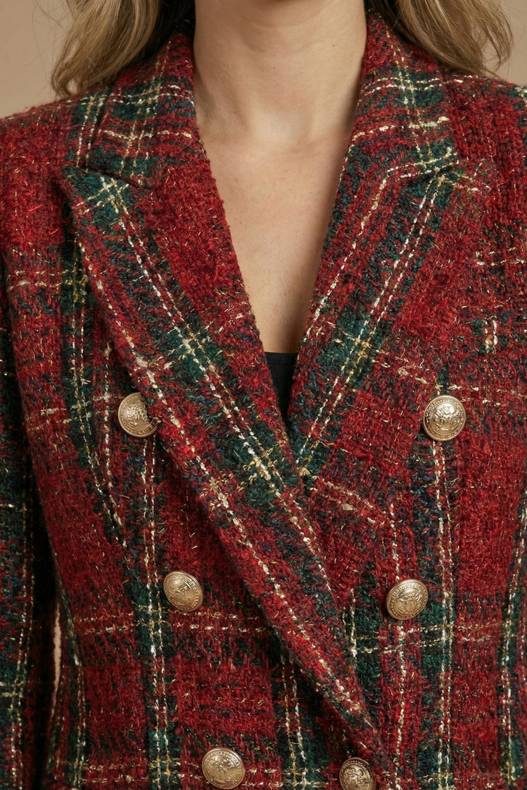 Women's Tweed Check Double-Breasted Work Blazer Button-Front
