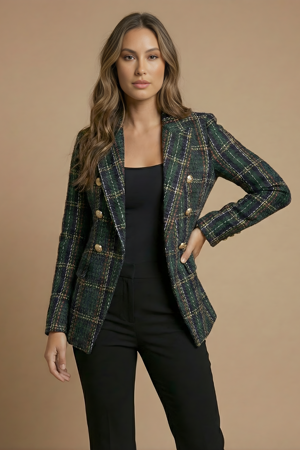 Women's Tweed Check Double-Breasted Work Blazer Button-Front