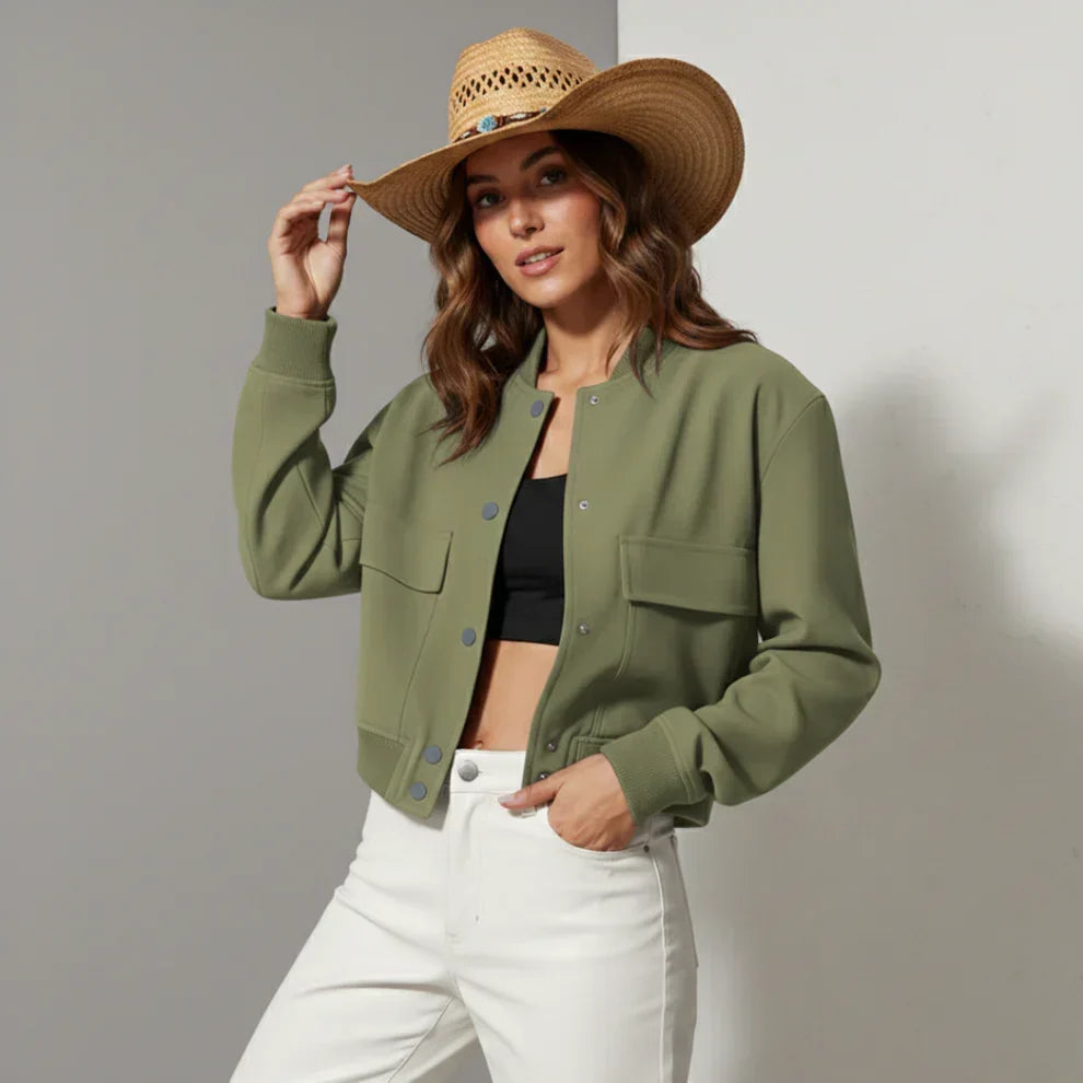 Women's Waterproof Cropped Leather Jacket Pockets Button-Front