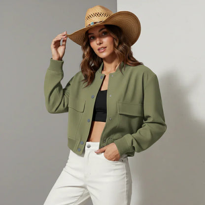 Women's Waterproof Cropped Leather Jacket Pockets Button-Front