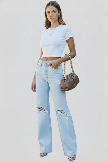 Women's High-Waist Ripped Wide-Leg Jeans