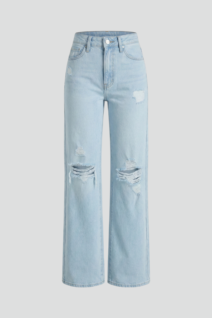 Women's High-Waist Ripped Wide-Leg Jeans