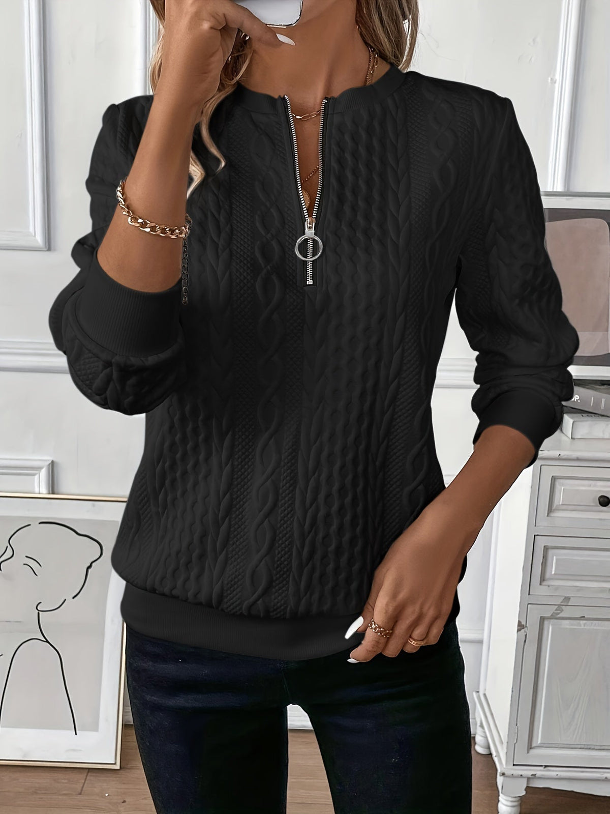 Women's Zip-Up Cable Knit Jumper Relaxed-Fit