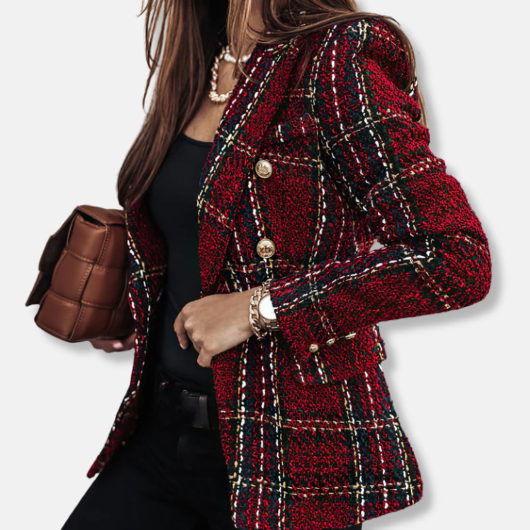 Women's Double-Breasted Tweed Jacket Pockets Button-Front