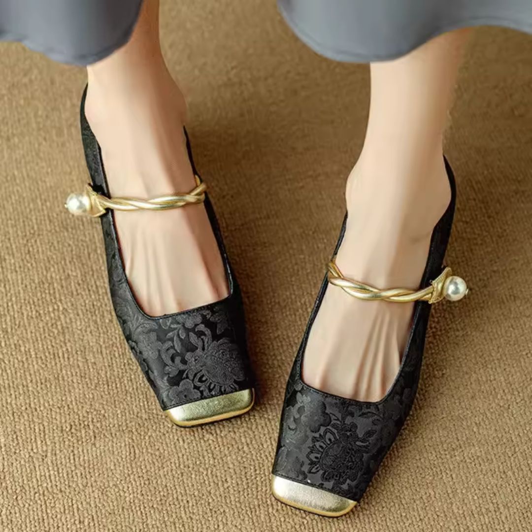 Women's Floral Jacquard Pearl Strap Heels Cushioned