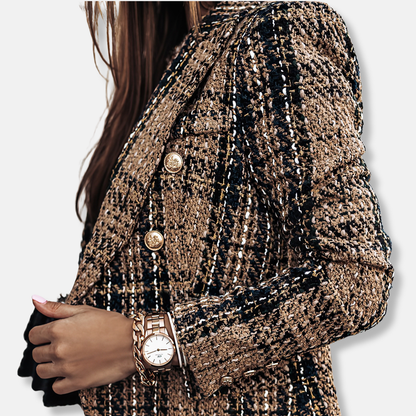 Women's Double-Breasted Tweed Jacket Pockets Button-Front