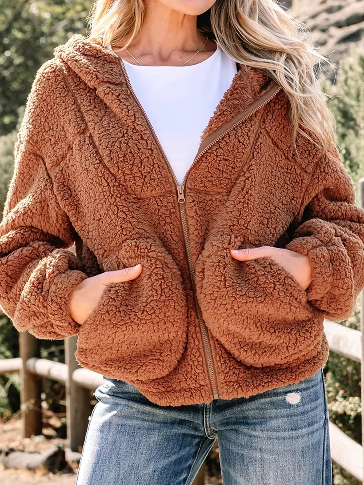 Women's Zip-Up Winter Teddy Jacket Pockets Oversized