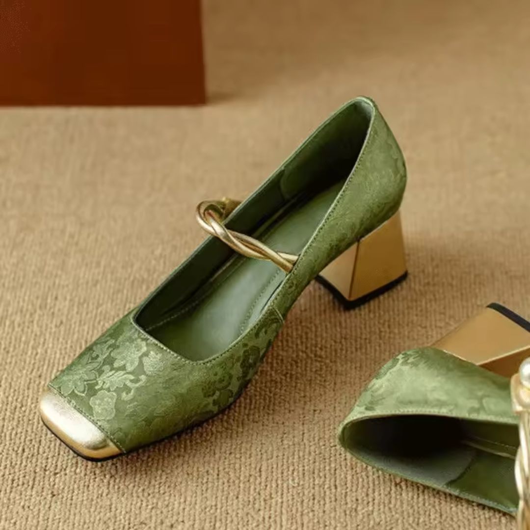 Women's Floral Jacquard Pearl Strap Heels Cushioned