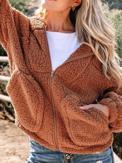 Women's Zip-Up Winter Teddy Jacket Pockets Oversized