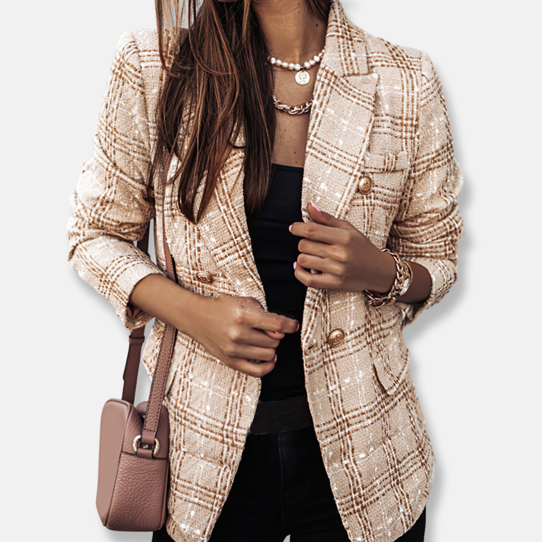 Women's Double-Breasted Tweed Jacket Pockets Button-Front