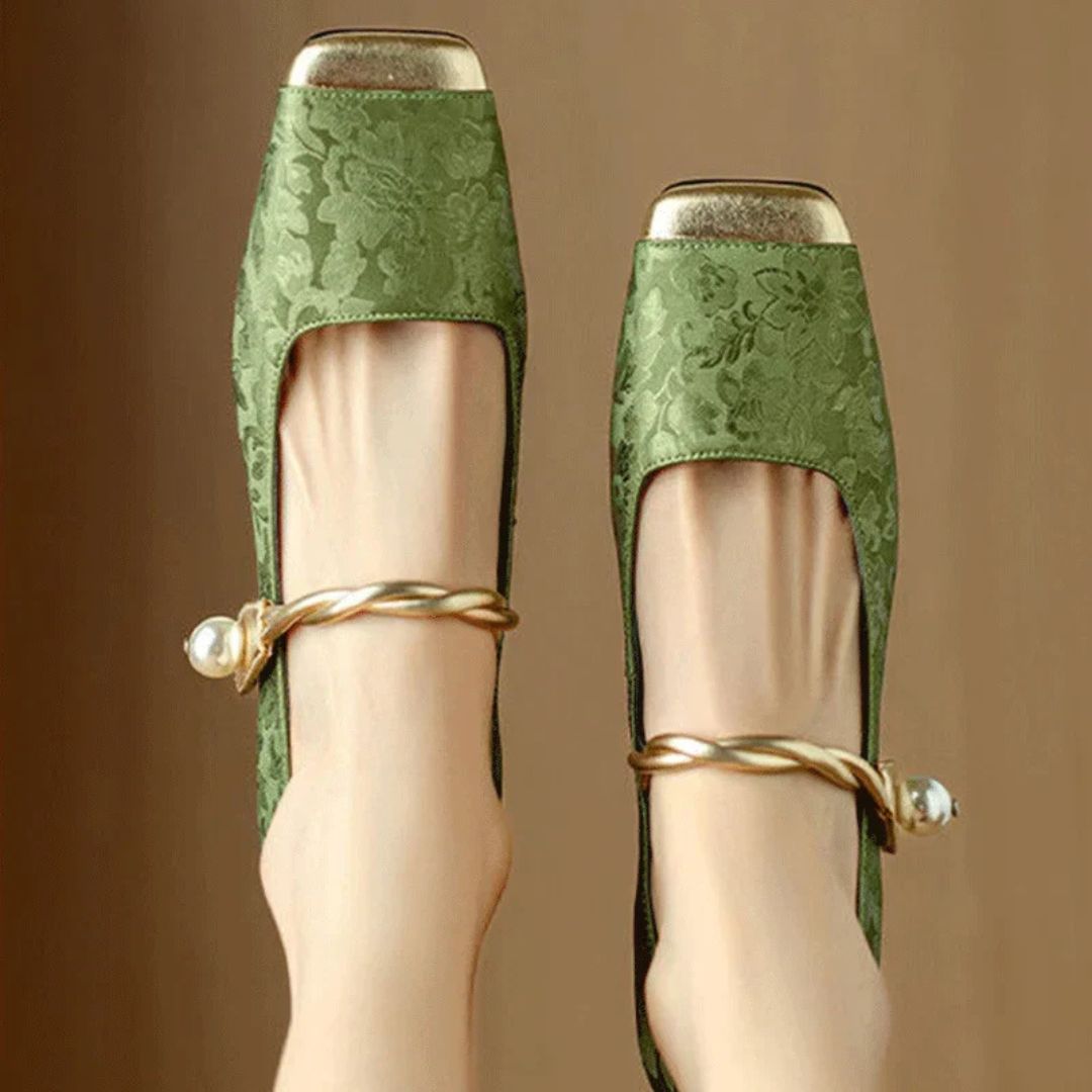 Women's Floral Jacquard Pearl Strap Heels Cushioned