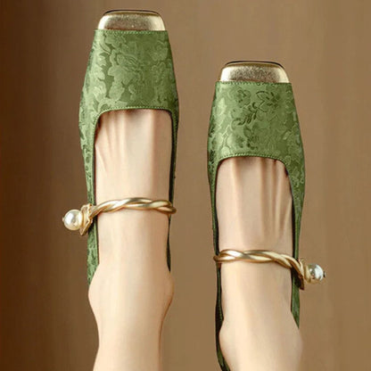 Women's Floral Jacquard Pearl Strap Heels Cushioned