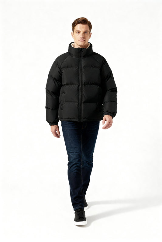 Men's Fleece-Lined Winter Puffer Jacket Stand Collar Relaxed-Fit