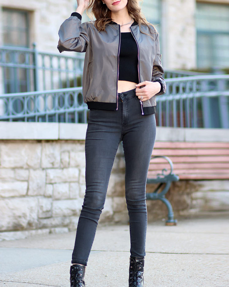 Women's Lightweight Ribbed-Trim Bomber Jacket Relaxed-Fit