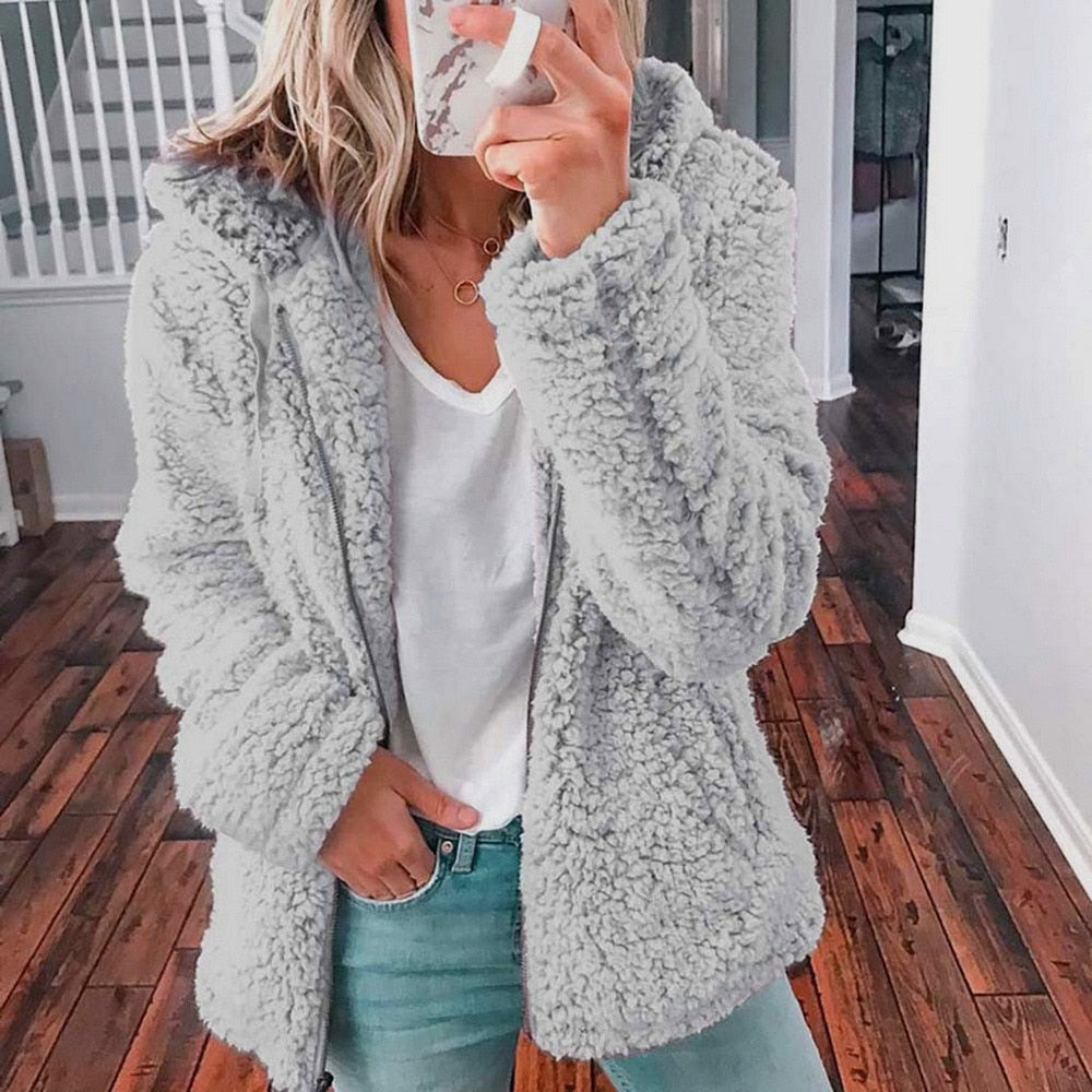 Women's Hooded Winter Teddy Jacket Relaxed-Fit