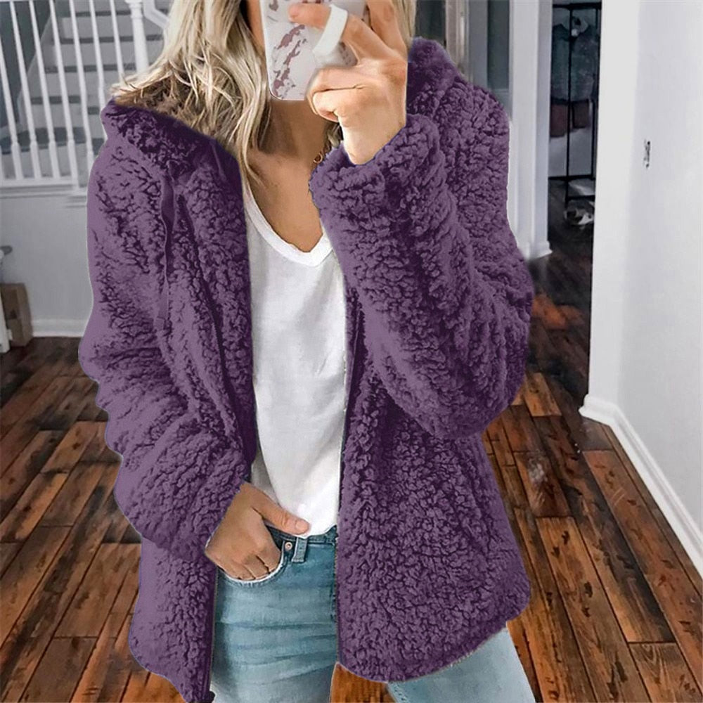 Women's Hooded Winter Teddy Jacket Relaxed-Fit
