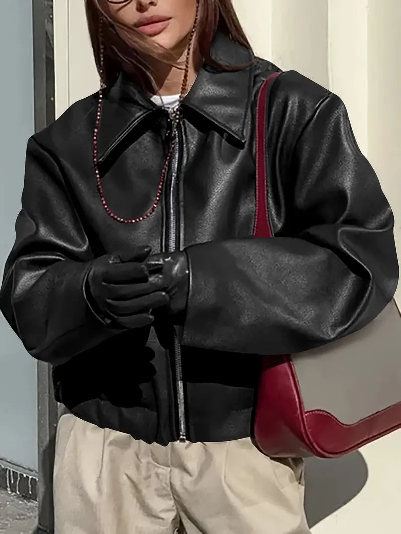 Women's Faux Leather Oversized Bomber Jacket