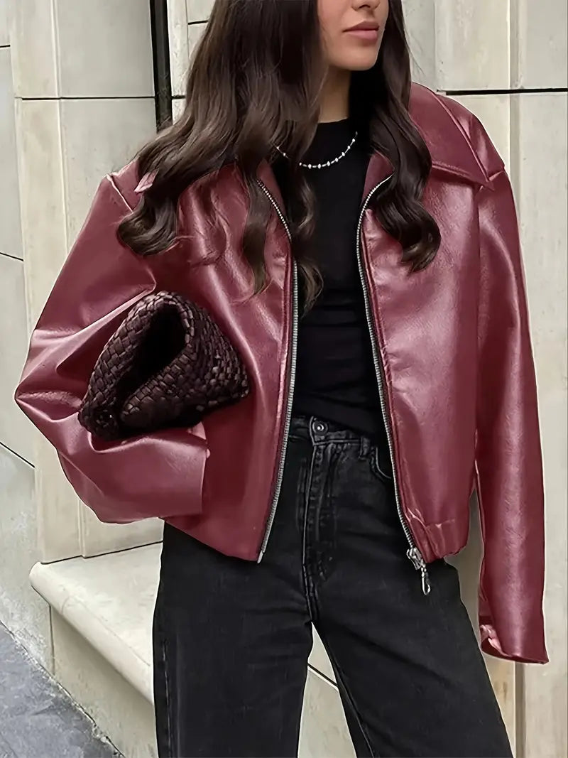 Women's Faux Leather Oversized Bomber Jacket