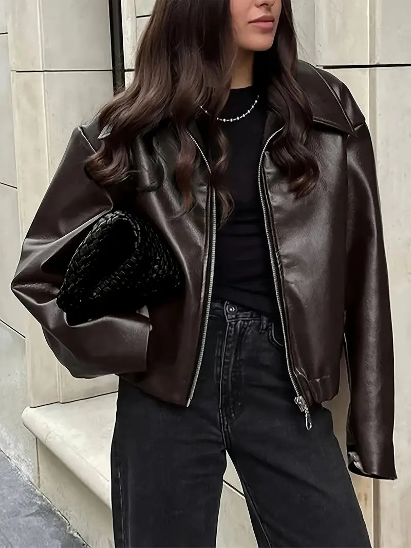 Women's Faux Leather Oversized Bomber Jacket