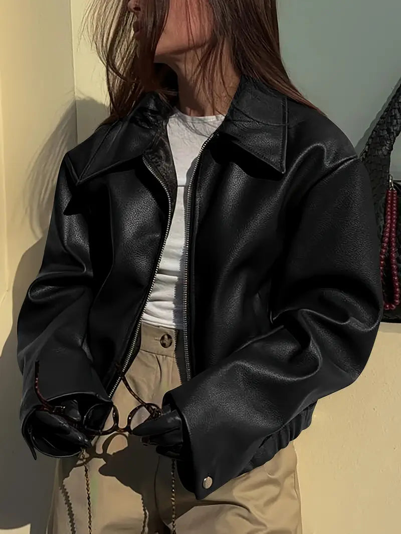 Women's Faux Leather Oversized Bomber Jacket