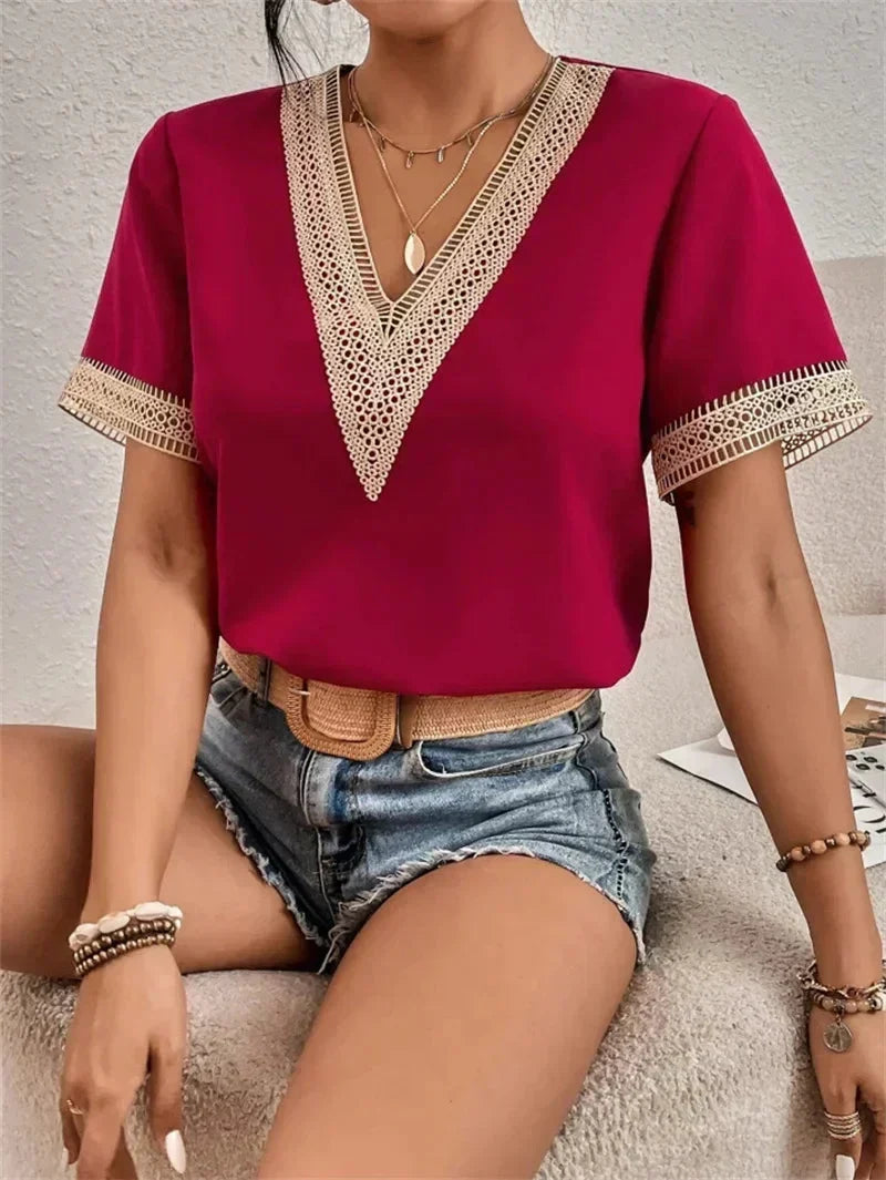Women's Lace Short-Sleeve V-Neck Blouse Relaxed-Fit