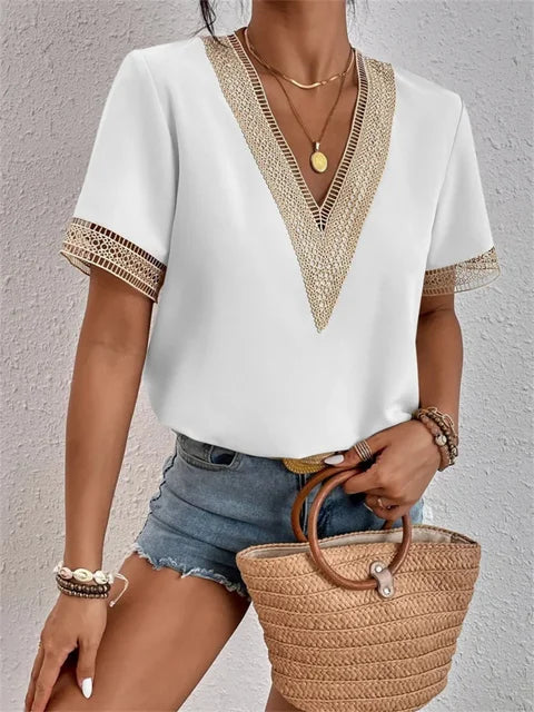 Women's Lace Short-Sleeve V-Neck Blouse Relaxed-Fit