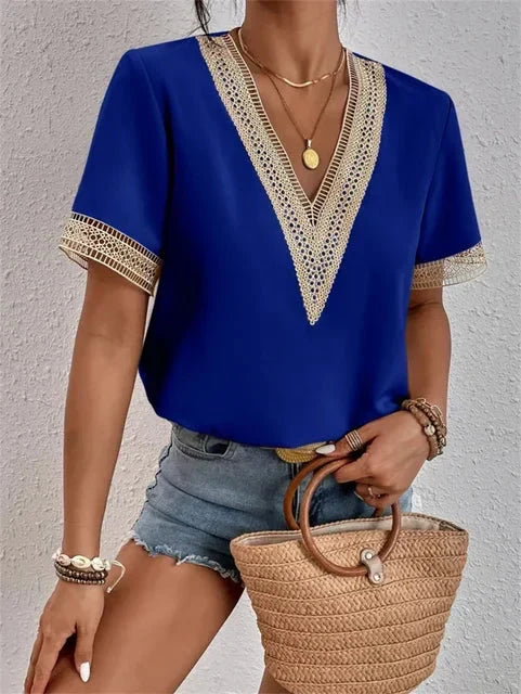 Women's Lace Short-Sleeve V-Neck Blouse Relaxed-Fit