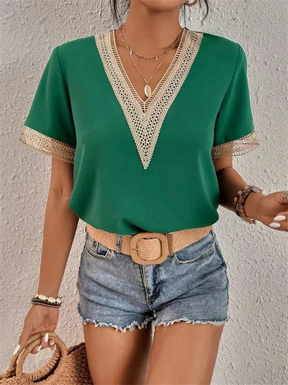 Women's Lace Short-Sleeve V-Neck Blouse Relaxed-Fit