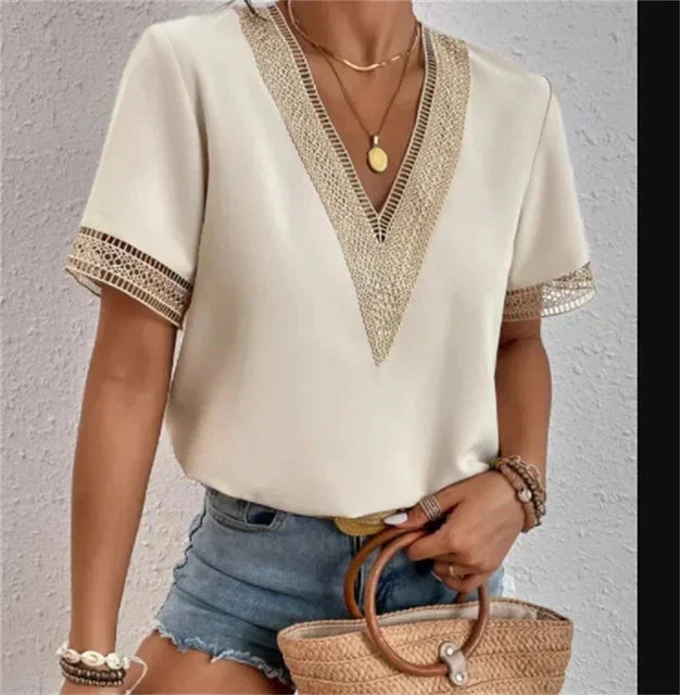 Women's Lace Short-Sleeve V-Neck Blouse Relaxed-Fit