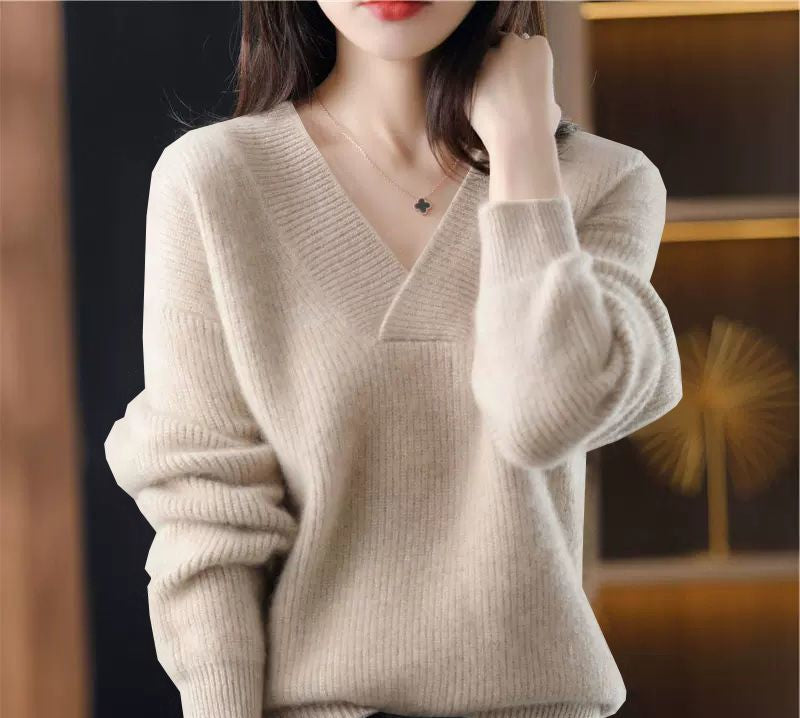 Women's Ribbed V-Neck Knitted Jumper Relaxed-Fit