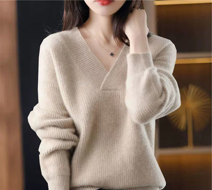 Women's Ribbed V-Neck Knitted Jumper Relaxed-Fit