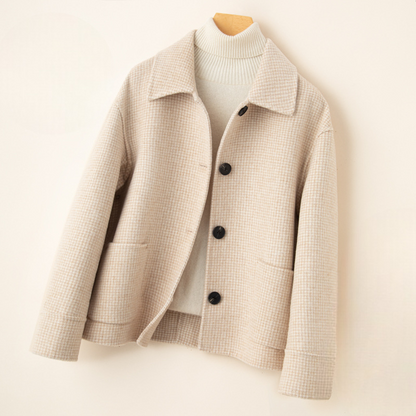 Women's Relaxed Check Tweed Jacket Pockets Button-Front