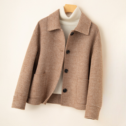 Women's Relaxed Check Tweed Jacket Pockets Button-Front