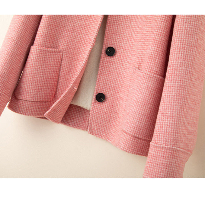 Women's Relaxed Check Tweed Jacket Pockets Button-Front