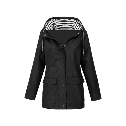 Women's Drawstring Hooded Waterproof Coat Pockets
