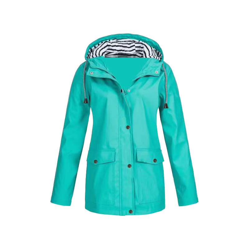 Women's Drawstring Hooded Waterproof Coat Pockets