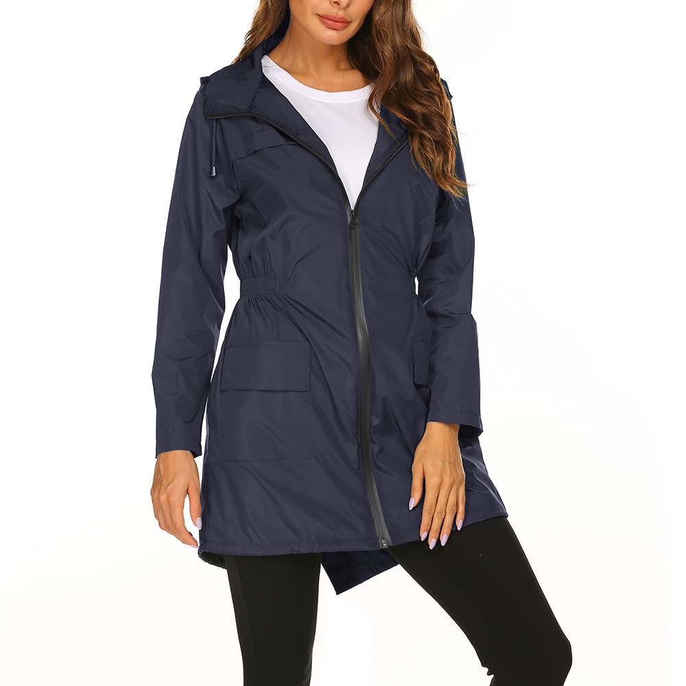 Women's Hooded Waterproof Long Rain Jacket Pockets
