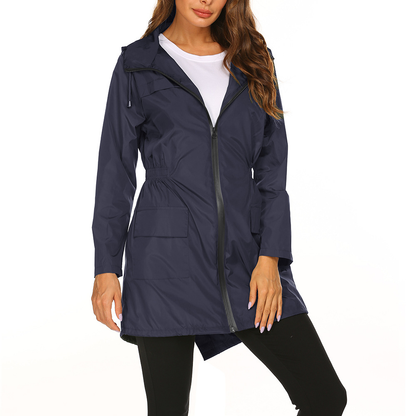 Women's Hooded Waterproof Long Rain Jacket Pockets